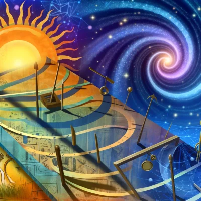 DALL·E 2024-04-11 07.01.26 - Create a visually compelling illustration that captures the essence of the journey from the earliest observations of time through natural cycles, like