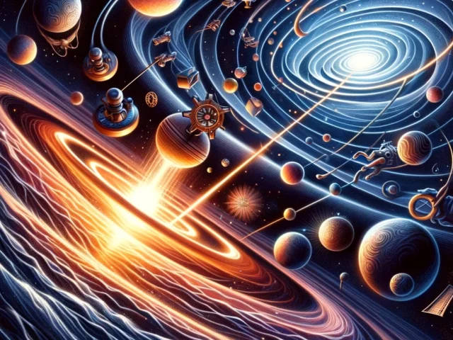 DALL·E 2024-04-11 07.02.16 - Illustrate the concept of gravity not being a force, but rather a manifestation of the curvature of space-time, as explained by Einstein's theory of r